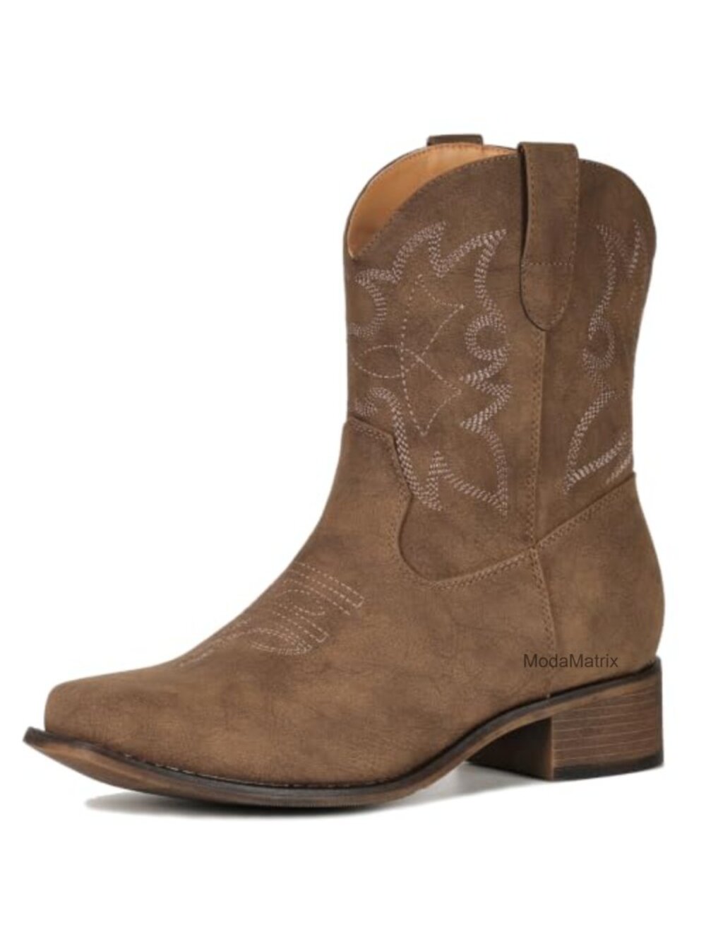 Womens Square Toe Western Ankle Boots Faux Leather Pull On